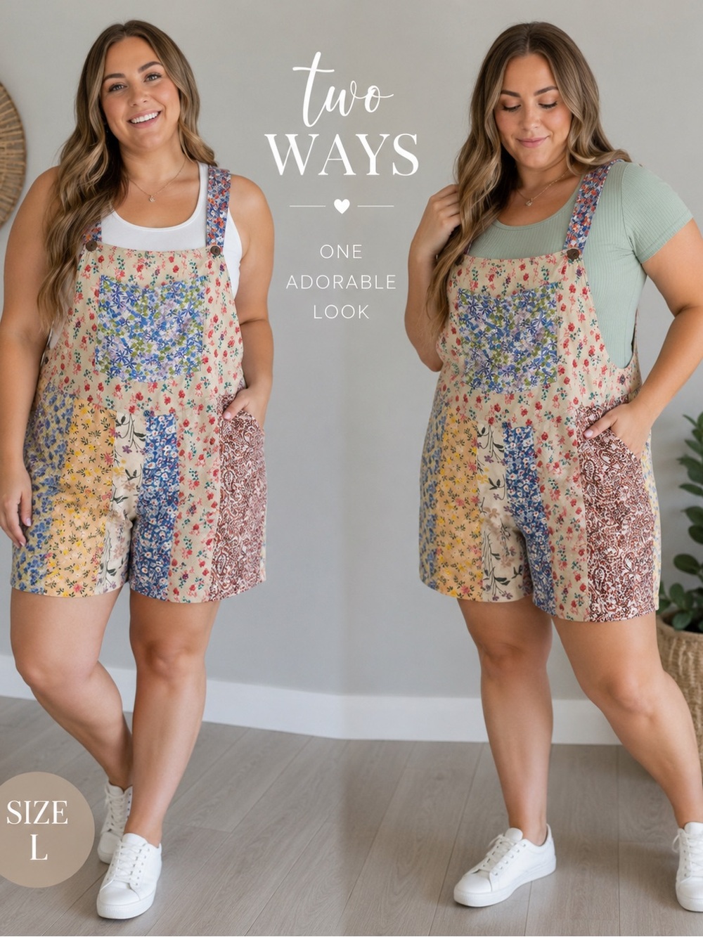 Blue Sky Patchwork Floral Overalls Shorts